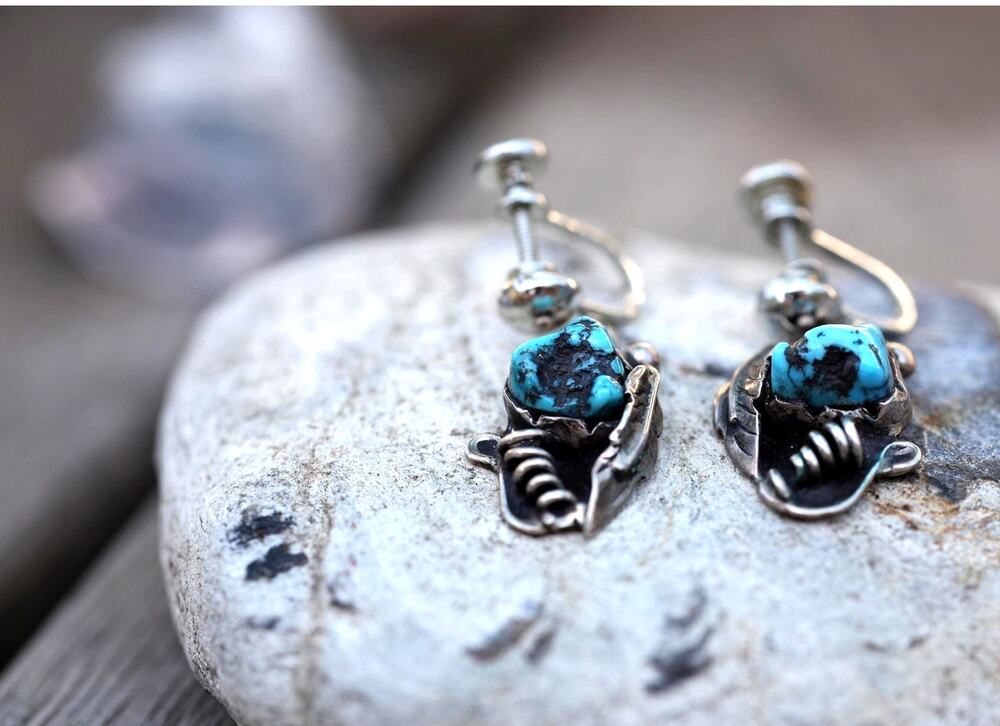Turquoise Dangle Earrings, Navajo Sterling Silver Feather, Screw Back, Vintage